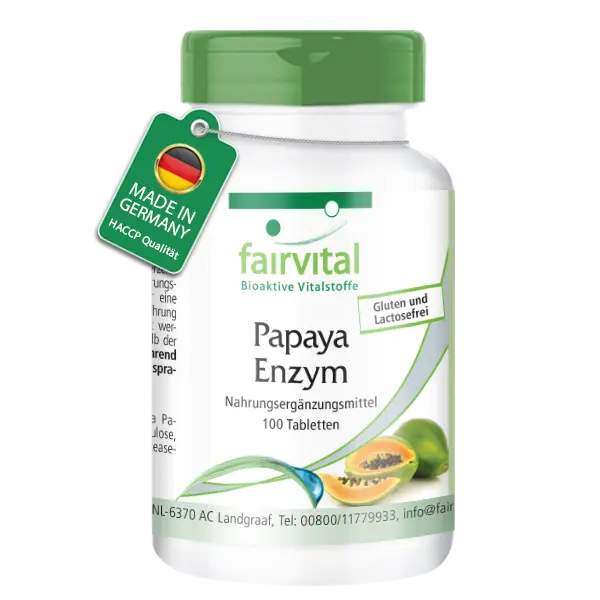 Papaya Enzym - 100 Tabletten - Schluckfreundlich - mit Papain; Amylase und Protease - Hochdosiert und Vegan | Fairvital